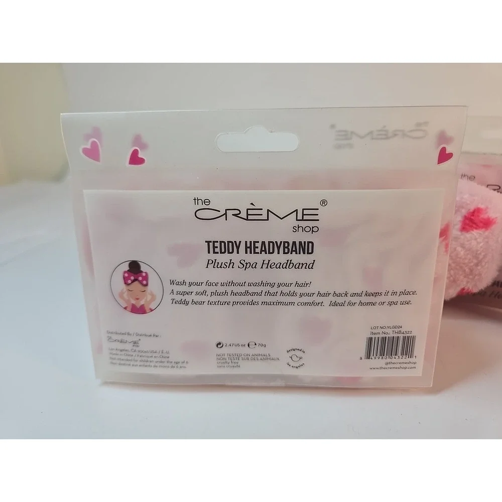 2 NEW The Crème Shop PLUSH SPA Teddy Headyband PINK HEARTS BOW Headband